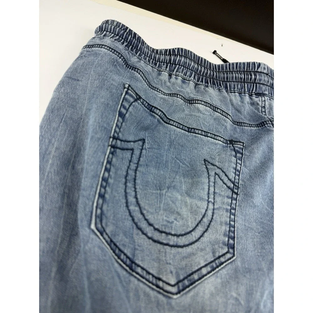 True Religion Jogger Pants Men's Approx 40 Blue Denim Contrast Panel Drawstring - Picture 15 of 16